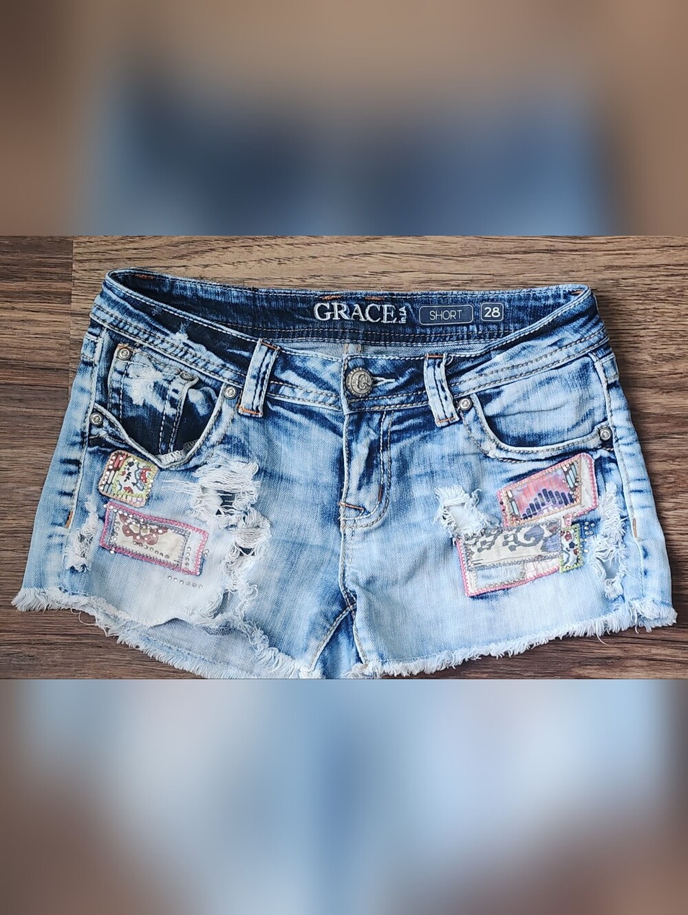 Grace in LA Light Blue Distressed Denim Shorts with Patchwork